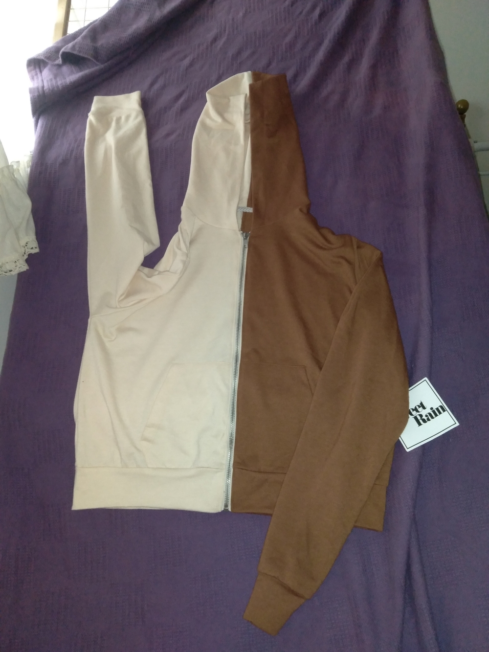 Two-Tone Half-Zip Hoodie in Beige and Brown